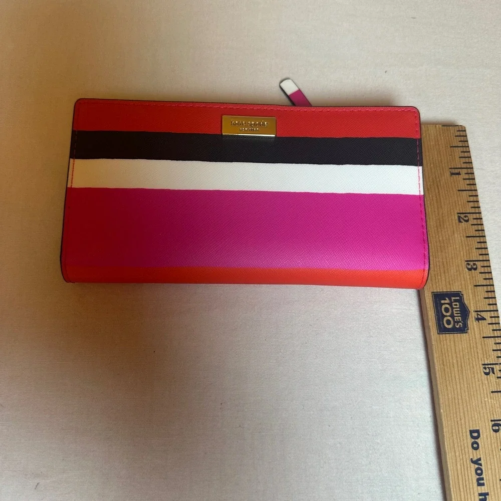 Kate‎ Spade New York Striped Saffiano Leather Bifold Slim Wallet Red Pink Black